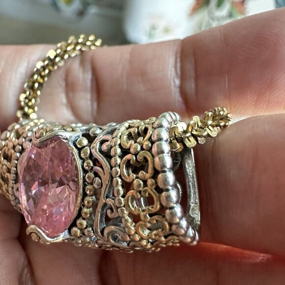 Necklace w Slide Pendant 17" Oval Pink Gem Ornate 925 Sterling Gold Plated 22.3g - Picture 9 of 12